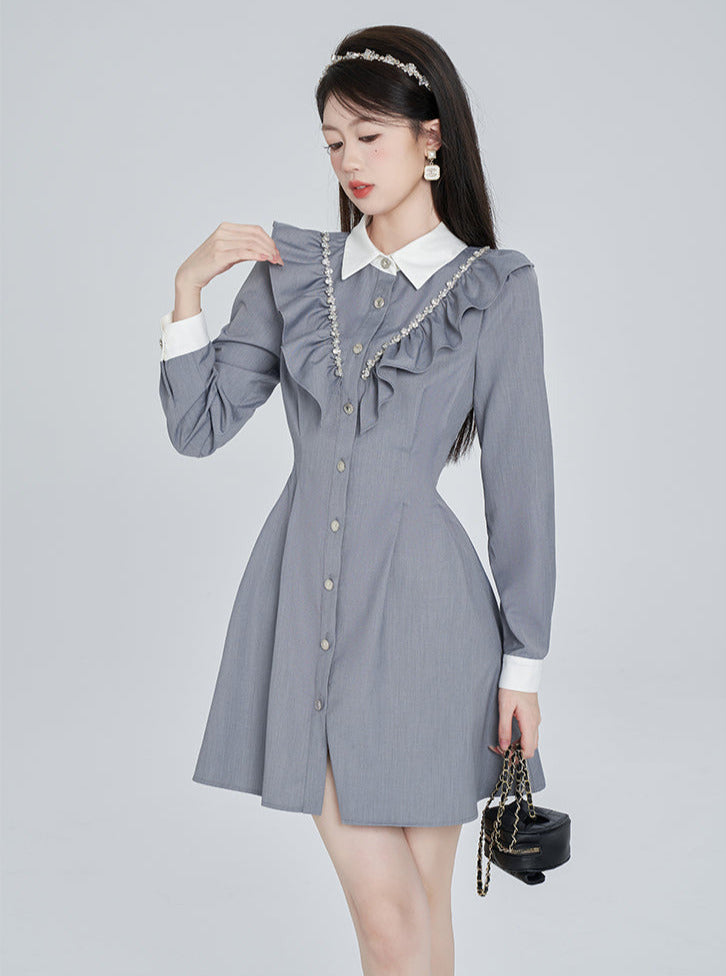 College Style Gray Diamond Ruffled Shirt Dress