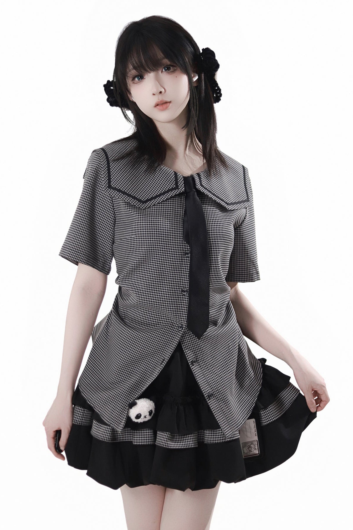 Plaid College Shirt + Shirt + Puff Skirt