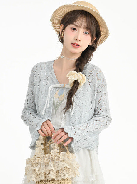 Fairy style openwork knit cardigan + camisole top + long cake skirt