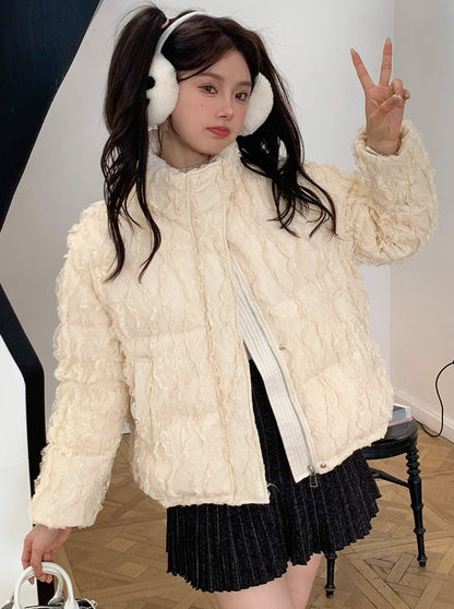 Cream Lace Stand Collar Down Jacket