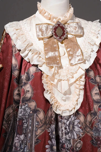 【11月3日予約締切】Antique Bow Burgundy Rabbit Print Frill Doll Dress + Shorts Set