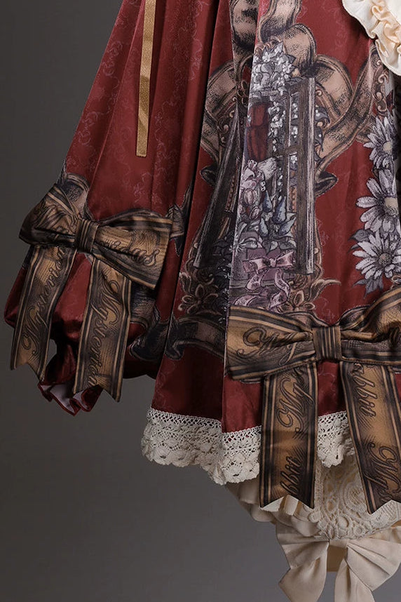 【11月3日予約締切】Antique Bow Burgundy Rabbit Print Frill Doll Dress + Shorts Set