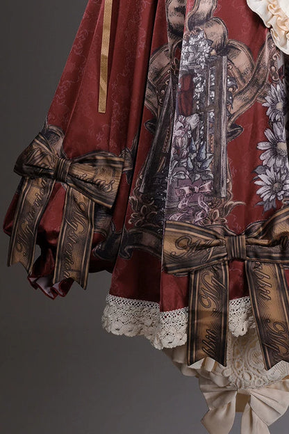 【11月3日予約締切】Antique Bow Burgundy Rabbit Print Frill Doll Dress + Shorts Set