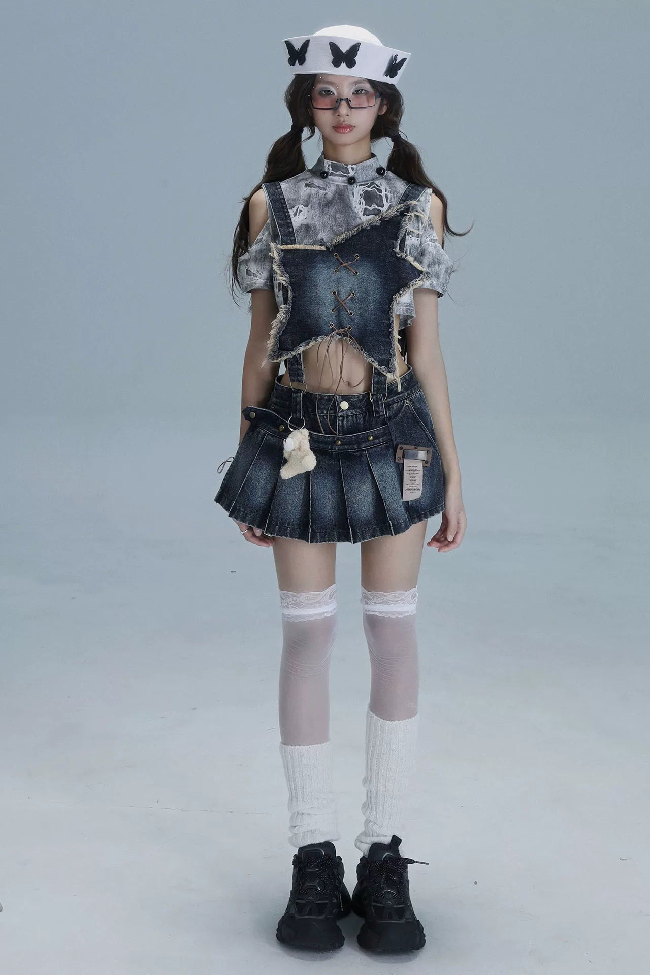 Y2Kスターデニムオーバーオールスカート+インナートップス