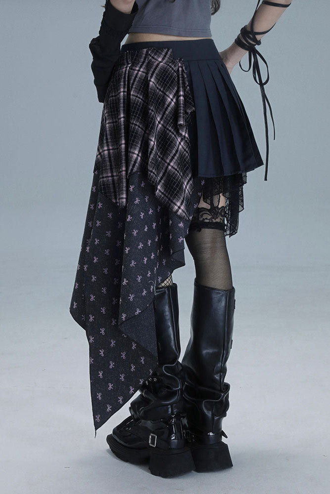 チェック柄パッチワークアシメプリーツスカート