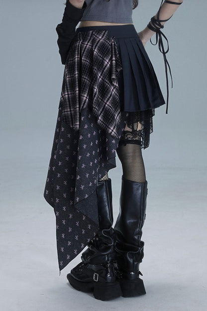 チェック柄パッチワークアシメプリーツスカート