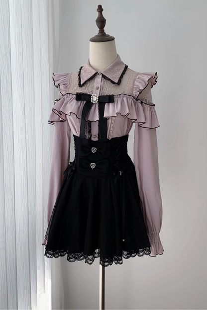 [Termine prenotazione 29 settembre] Blusa rosa in pizzo trasparente con volant e fiocco gioiello + gonna a sirena in tulle a strati + minigonna in pizzo con fiocco gioiello