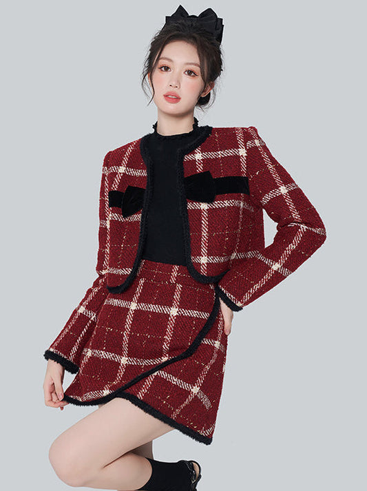 Red Check Fragrance Padded Short Jacket + Skirt