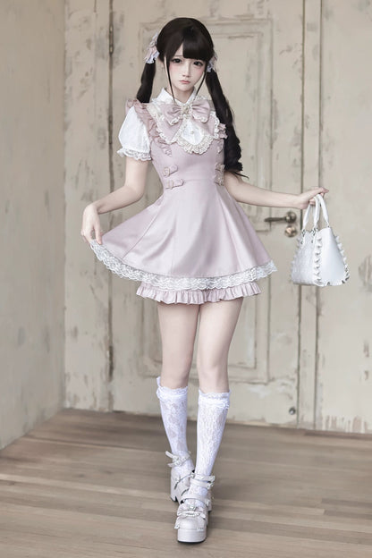 【7月15日予約締切】ピンクホワイトスイートリボンレースフリルパフスリーブドレス＋ショートパンツセットアップ