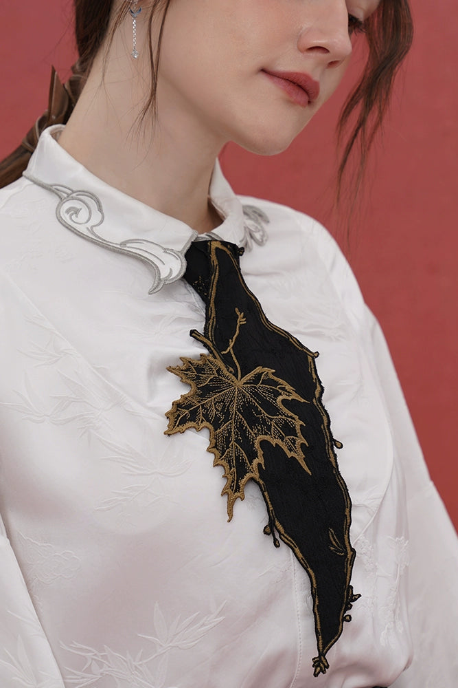 Kamo Original Retro Chinese Style Embroidered Shirt Tie Women's Decoration Casual Super Beautiful Autumn Maple Leaf Niche