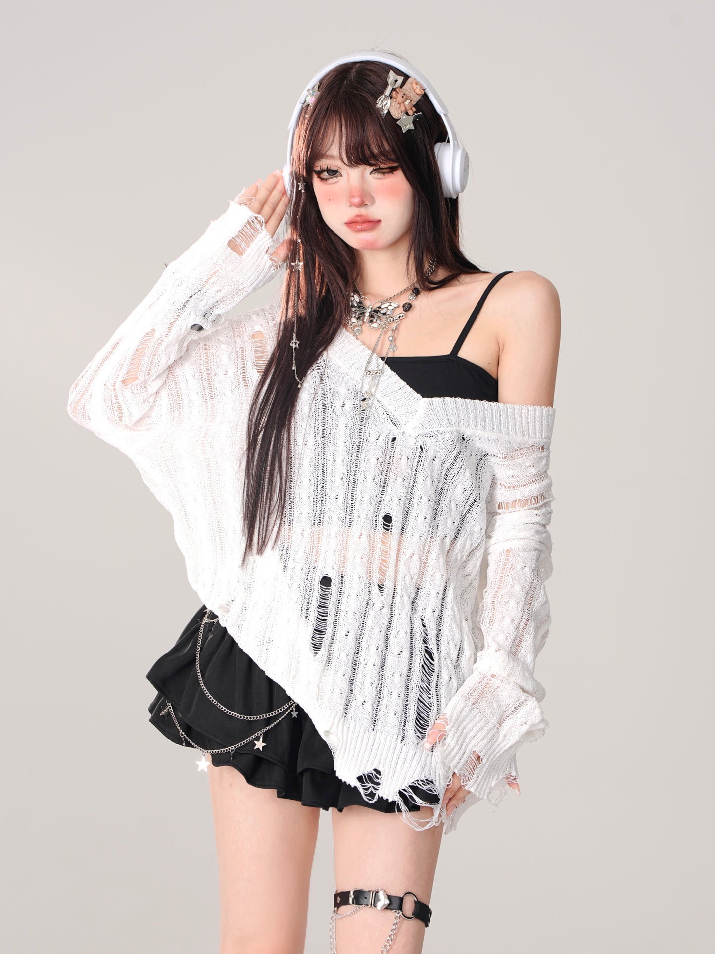 Dark Damaged Summer Mesh Top