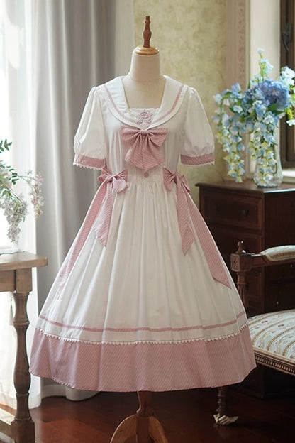 [Reservierungsschluss 28. Juni] 5 Farben/Sailor-Lolita-Streifenkleid mit Schleife und Puffärmeln