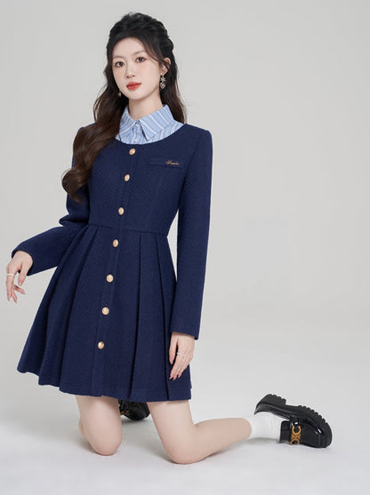 Navy Blue French College Style Faux Two Piece Dress