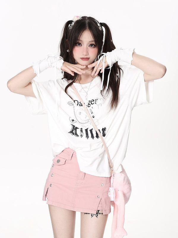 Original print drop shoulder T-shirt [Bear Heart Logo Rabbit]