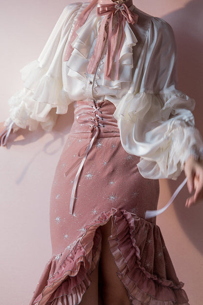 [Reservierungsschluss 1. Juni] Dunkelblau/rosa Atlantis Dark-Fantasy-Lolita-Sternenperlen-Bustierkorsett + prächtiger Rüschen-Meerjungfrauenrock