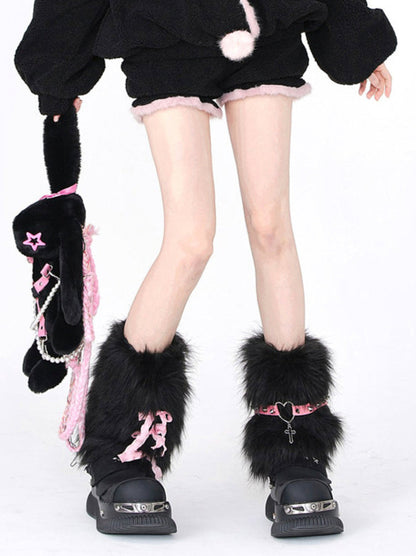 Black Cute Fur Boa Sweat Top + Shorts