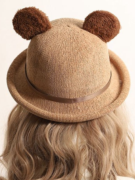 Little Bear Curly Check Ribbon Hat
