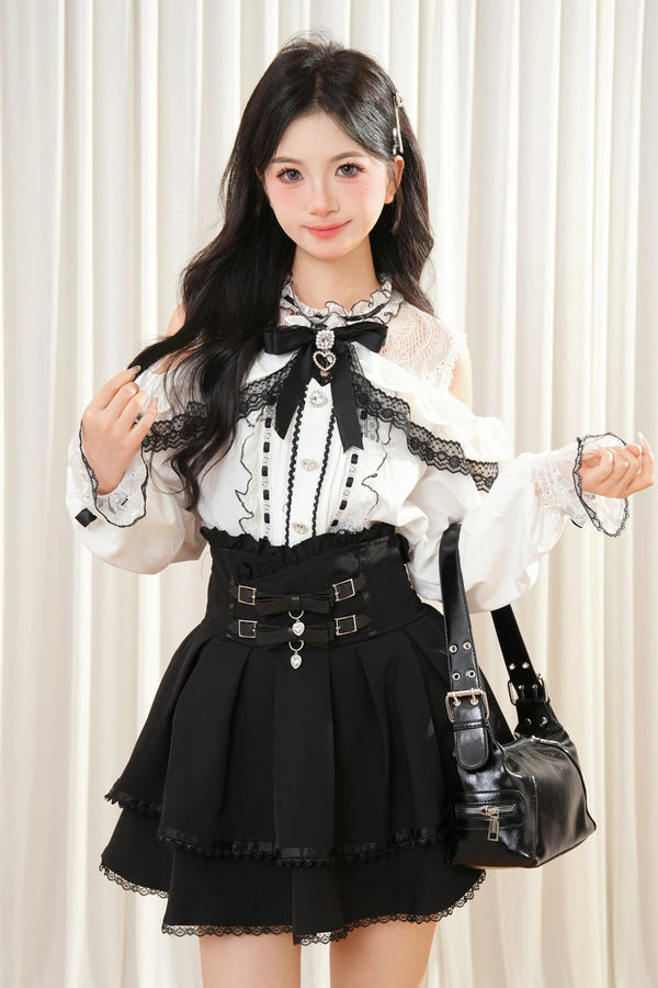 レースリボンオフショルダートップス+スカート