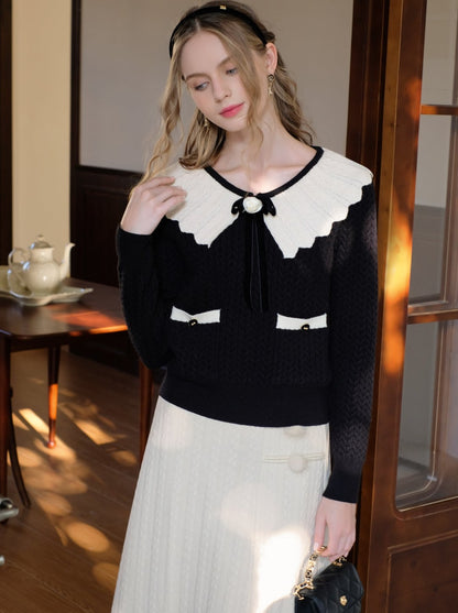 French Color Block Wave Lapel Ribbon Retro Sweater Cardigan
