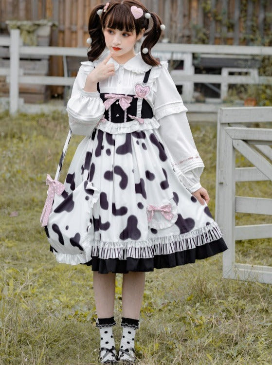 Fur Coat + Cow Suspender Skirt + Blouse