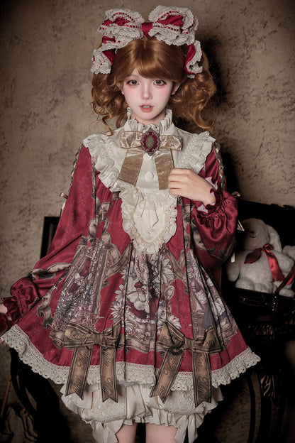 【11月3日予約締切】Antique Bow Burgundy Rabbit Print Frill Doll Dress + Shorts Set