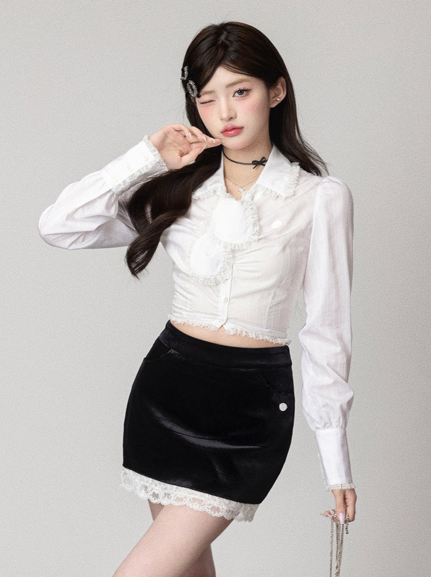 Rabbit Ear Tie Waist Slim Blouse