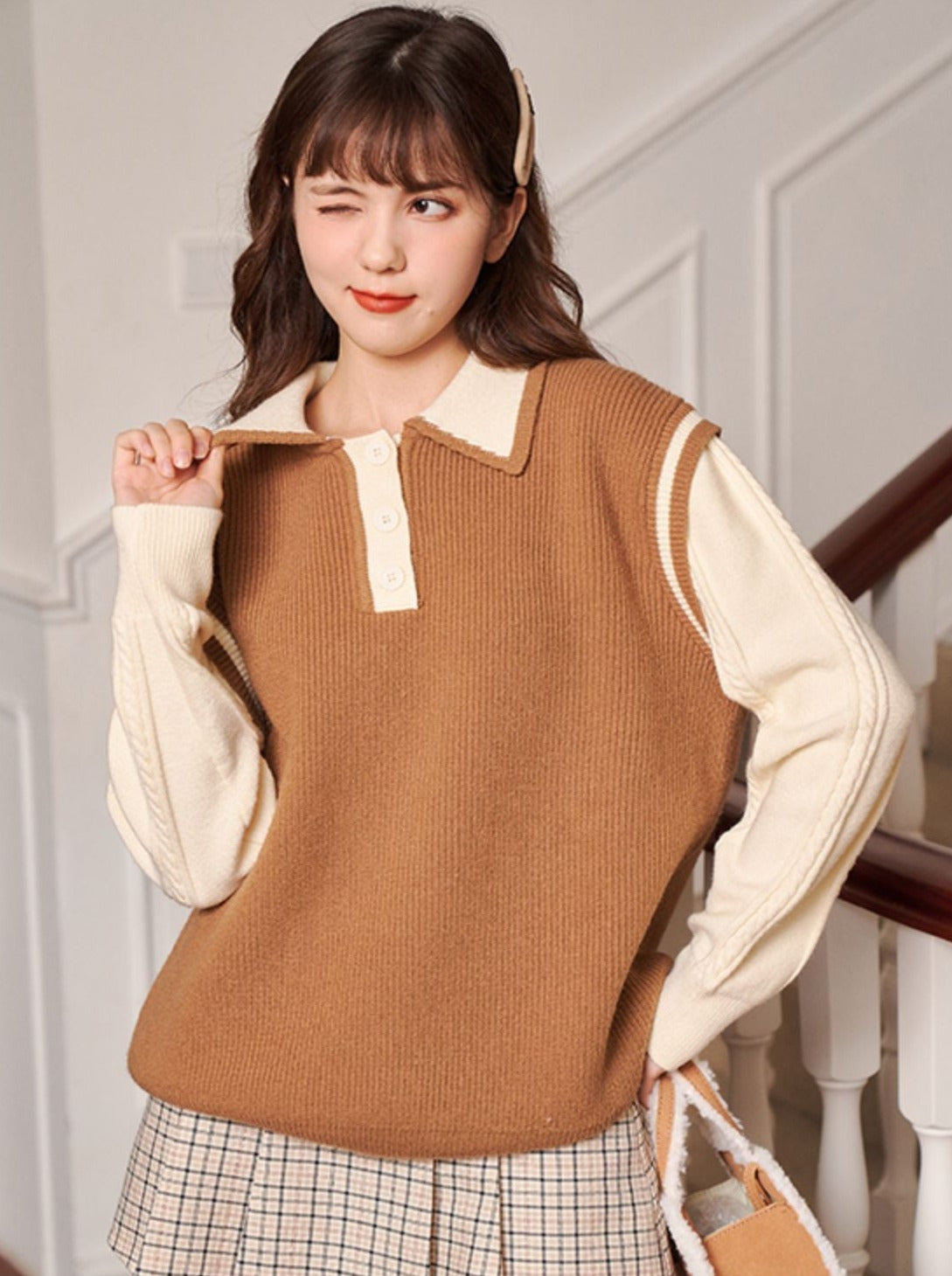 Polo collar faux two-piece knit sweater