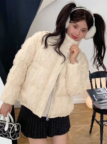 Cream Lace Stand Collar Down Jacket