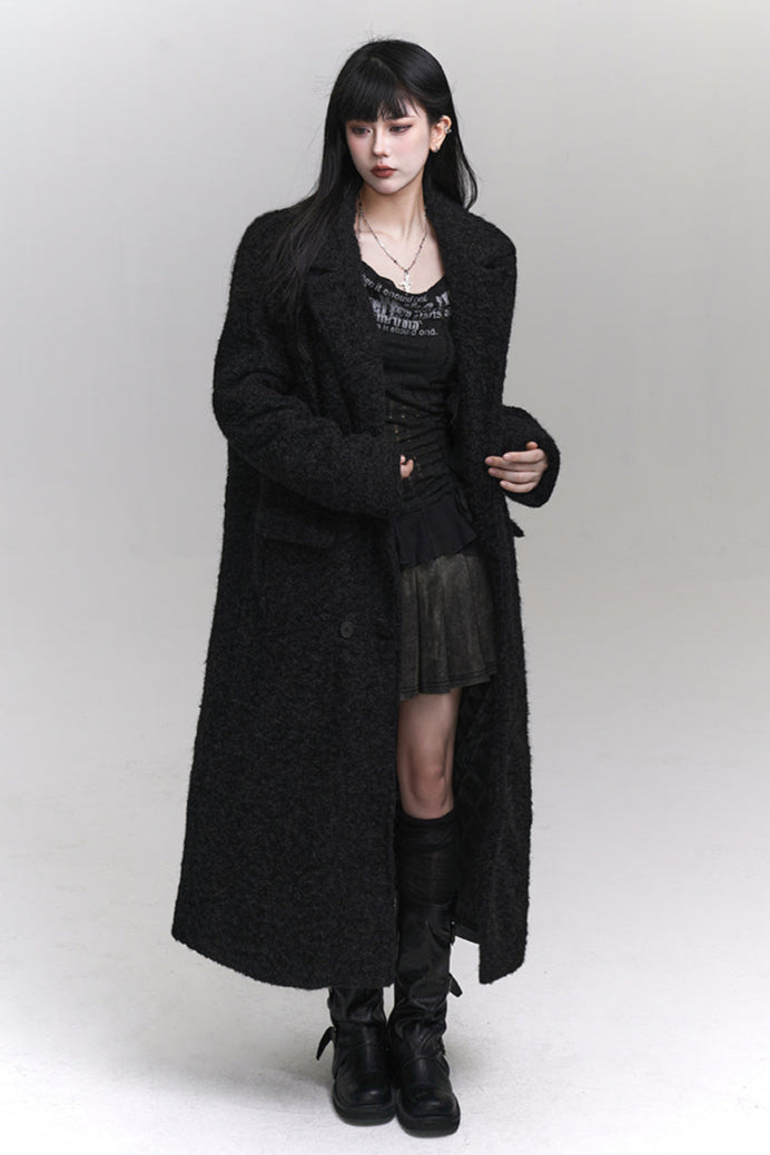 High neck mode dark long wool coat