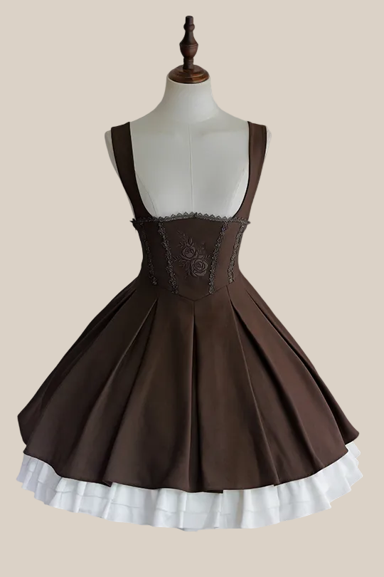 【9月19日予約締切】Classic Brown Rose Embroidered Corset Bustier Pleated Dress [Short/Long]