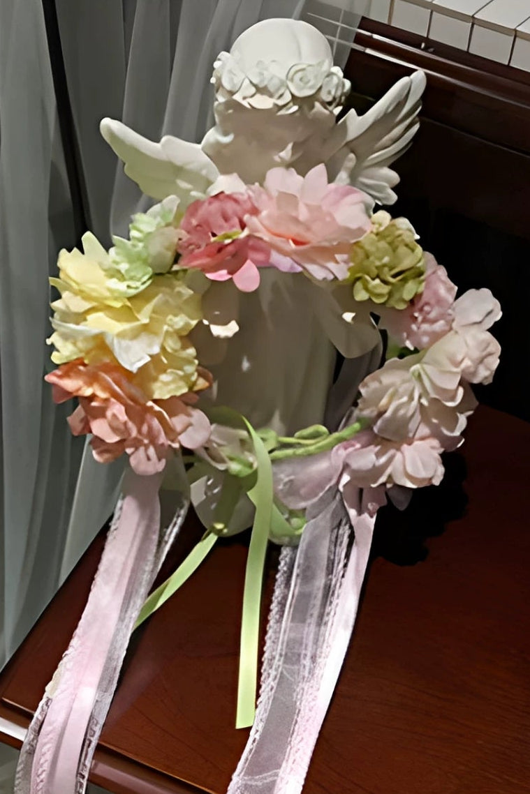 [Clôture des réservations le 10/8] Robe lolita corset à volants en dentelle florale rose x vert doux + ensemble complet (coiffe couronne florale avec voile + manches amovibles)