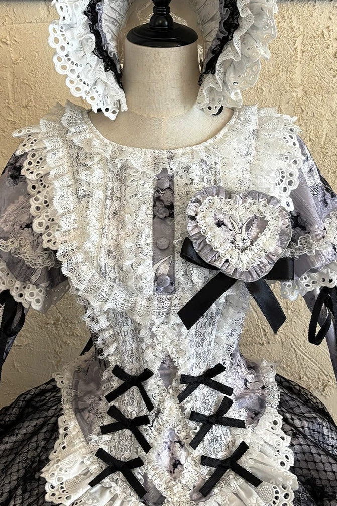 [Reservierungsschluss: 10. Monat, 6. Tag] Black Castle Bunny-Gothic-Doll-Spitzen-Korsett-Top mit Puffärmeln + Shorts + Rüschen-Überrock + Birdcage-Überrock Set 1/2/3