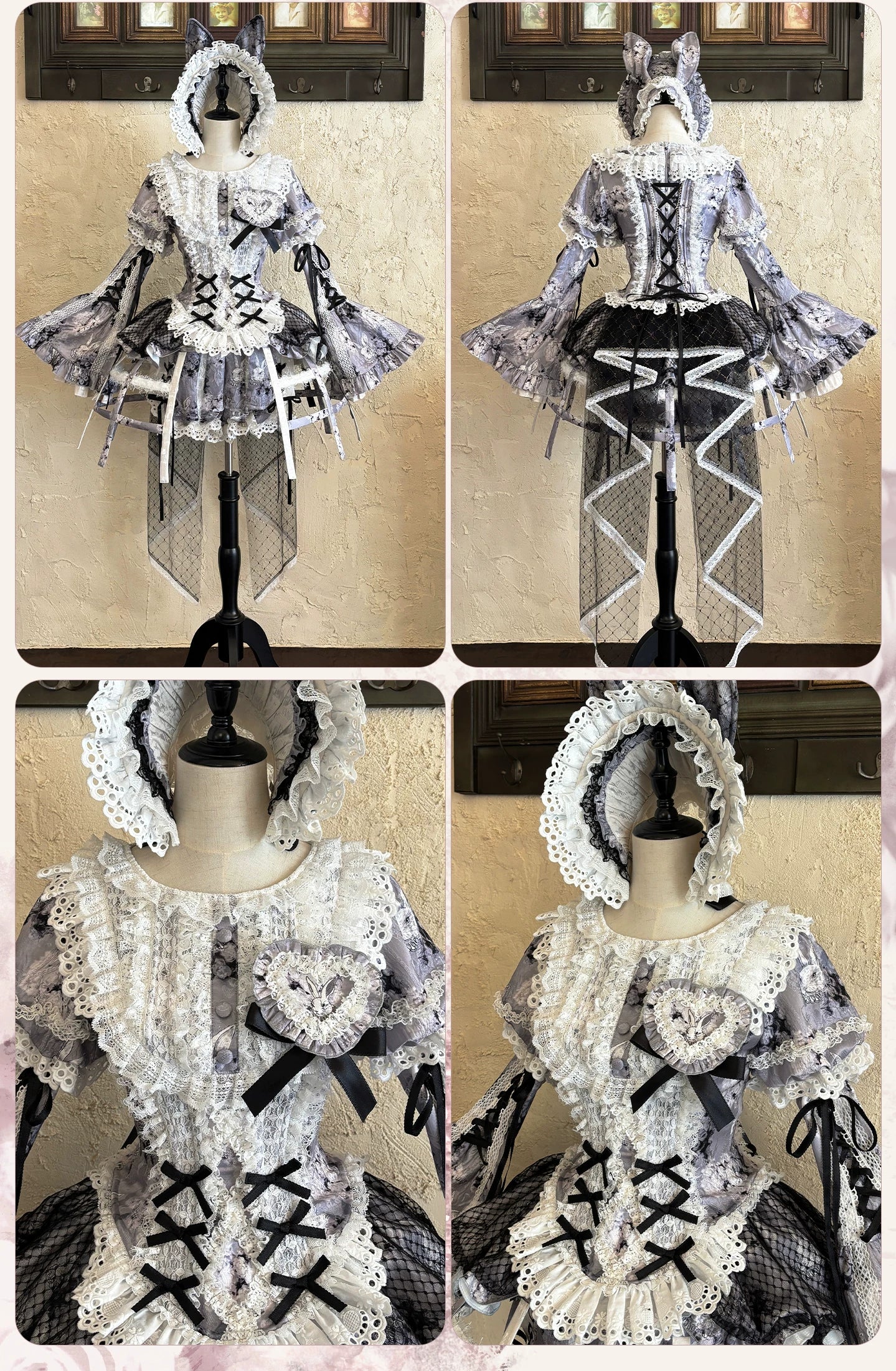 [Reservierungsschluss: 10. Monat, 6. Tag] Black Castle Bunny-Gothic-Doll-Spitzen-Korsett-Top mit Puffärmeln + Shorts + Rüschen-Überrock + Birdcage-Überrock Set 1/2/3