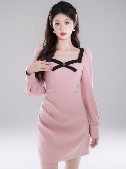 French Square Collar Pink Waist Bow Dress