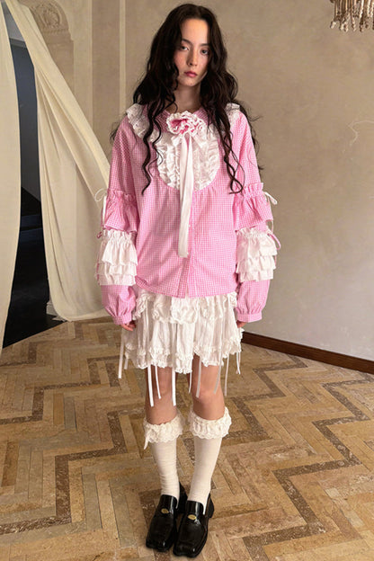 Camisa de patchwork con cuadrícula rosa muñeca