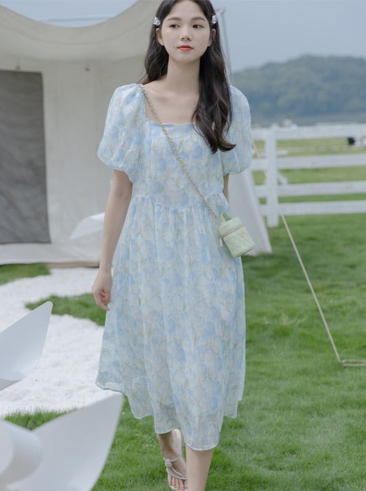 レトロブルーエレガントスクエアネックロングワンピース