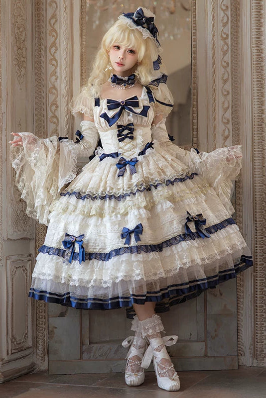 [Date limite de précommande : 9/28] Robe lolita princesse classique élégante royale blanc x bleu à nœud en dentelle et volants + ensemble complet (ras-de-cou/chapeau à voile/manches princesse [manches amovibles] /ceinture ruban/traîne à nœud au dos)