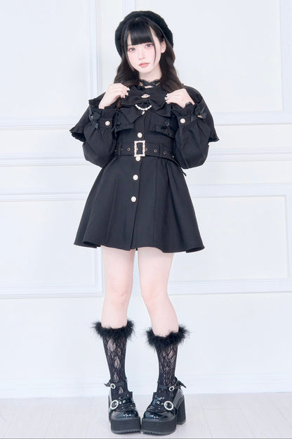 【予約商品】チェックアンドブラックケープショートトレンチクラウンリボンコート