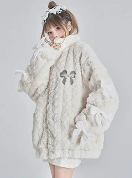 Design ribbon loose furry lamb's wool coat