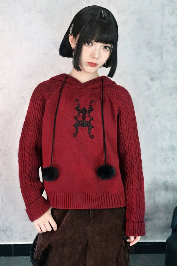 フーバットダークレッドニットフードパーカー