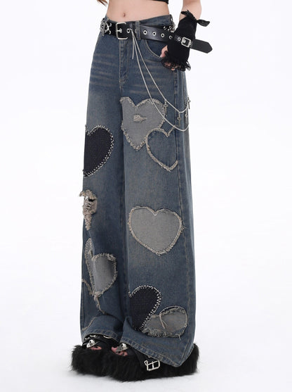 American Sweet & Cool Heart Patchwork Denim Pants