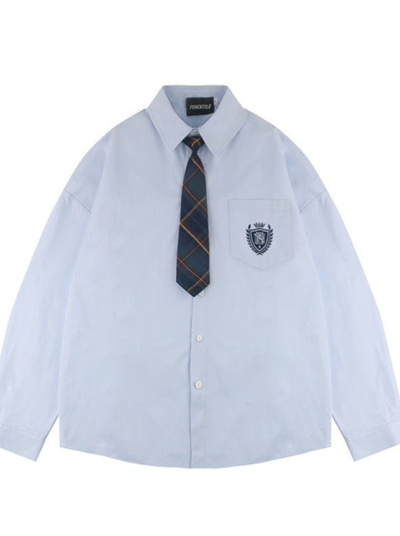 Stand -up color loose retro shirt with tie