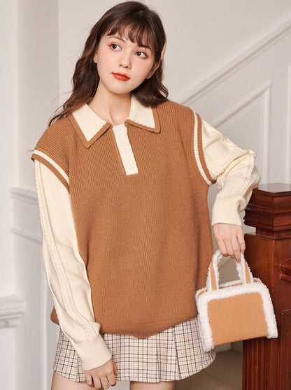 Polo collar faux two-piece knit sweater