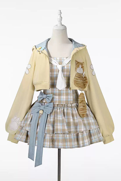 【10月27日予約締切】Yellow &amp; Blue Cat Motif&nbsp; Long-Sleeve Cropped Zip-Up Hoodie + Check Ribbon Sleeveless Dress Set with Fur Cat Tail Decoration