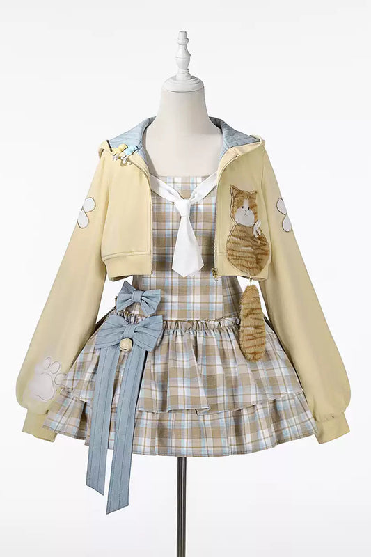 【10月27日予約締切】Yellow &amp; Blue Cat Motif&nbsp; Long-Sleeve Cropped Zip-Up Hoodie + Check Ribbon Sleeveless Dress Set with Fur Cat Tail Decoration