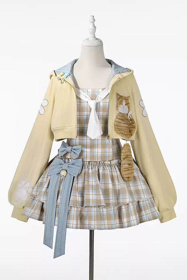 【10月27日予約締切】Yellow &amp; Blue Cat Motif&nbsp; Long-Sleeve Cropped Zip-Up Hoodie + Check Ribbon Sleeveless Dress Set with Fur Cat Tail Decoration