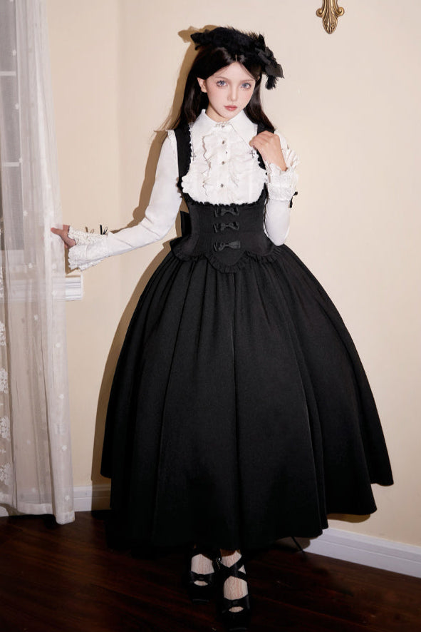 [Reservations] Dark Gothic Doll Long Suspender Lolita Skirt + Big Ribbon Tail + Ruffle Shirt + Ruffle Collar