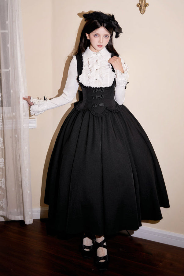 [Reservations] Dark Gothic Doll Long Suspender Lolita Skirt + Big Ribbon Tail + Ruffle Shirt + Ruffle Collar