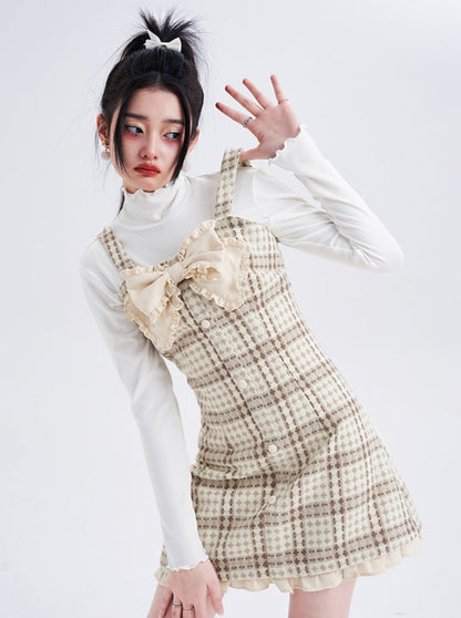 Retro check frill ribbon suspender dress