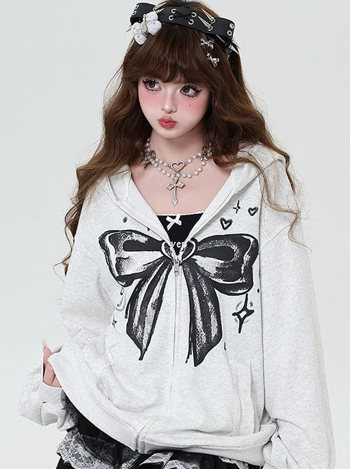 Dark Ribbon Design Loose Hooded Zip Hoodie